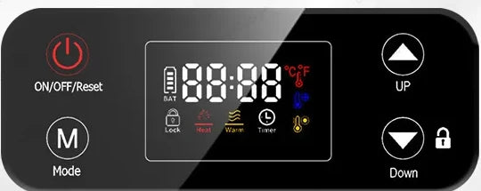 Control panel close-up: power, mode, up and down buttons around an LCD showing battery, lock, heat, warm and timer icons